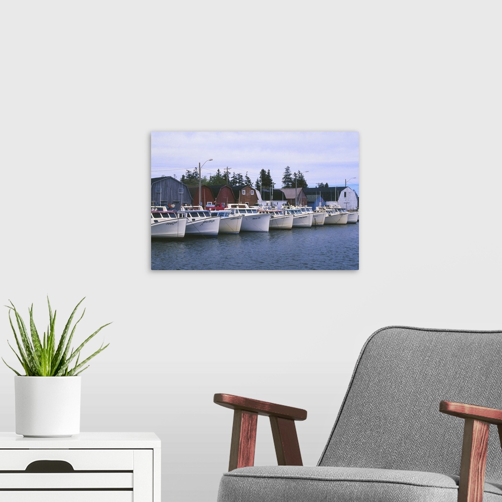 A modern room featuring N.A. Canada, Prince Edward Island.  Boats in Malpeque harbor.