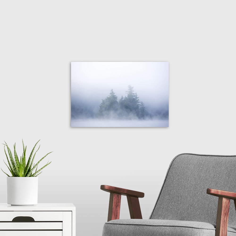 A modern room featuring Canada, Quebec, Lake Long Pond. Island in morning fog.