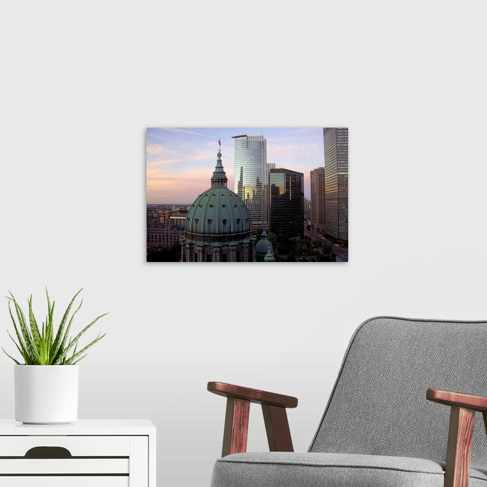 A modern room featuring Canada, Quebec, Montreal. Dawn reflection, Mary Queen of the World Cathedral dome (aka Cathedrale...