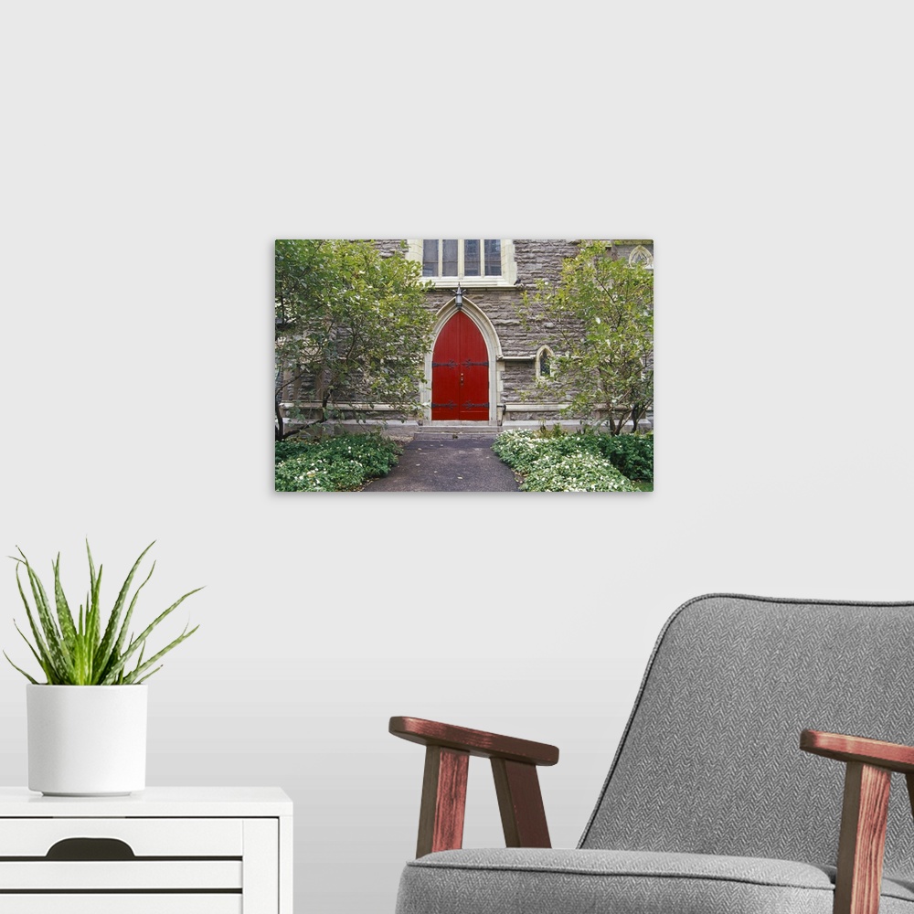 A modern room featuring Canada, Quebec, Montreal, St. George's Anglican Church or L'eglise St. George's, red door.