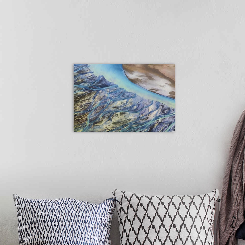 A bohemian room featuring Canada, Yukon, Kluane National Park. Abstract aerial of mountains and Slims River.