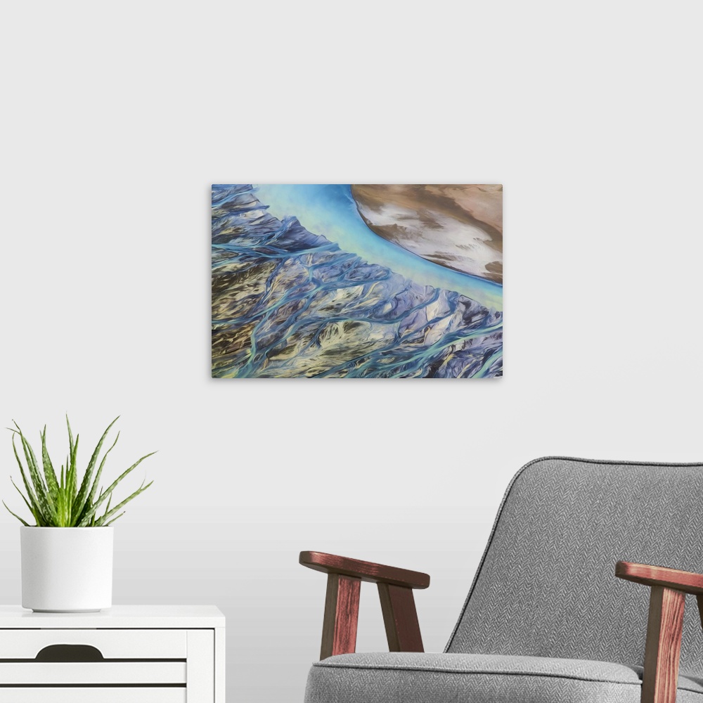 A modern room featuring Canada, Yukon, Kluane National Park. Abstract aerial of mountains and Slims River.
