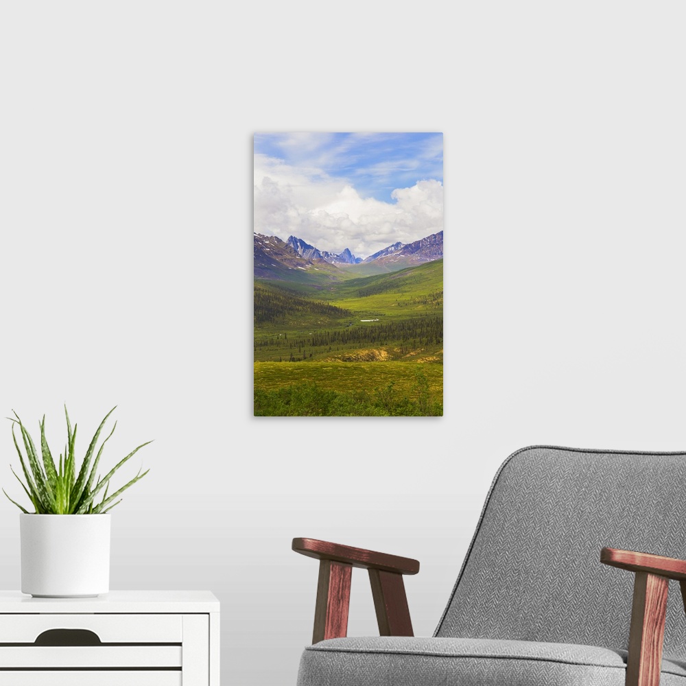 A modern room featuring Canada, Yukon Territory. Landscape of Tombstone Range and North Klondike River.
