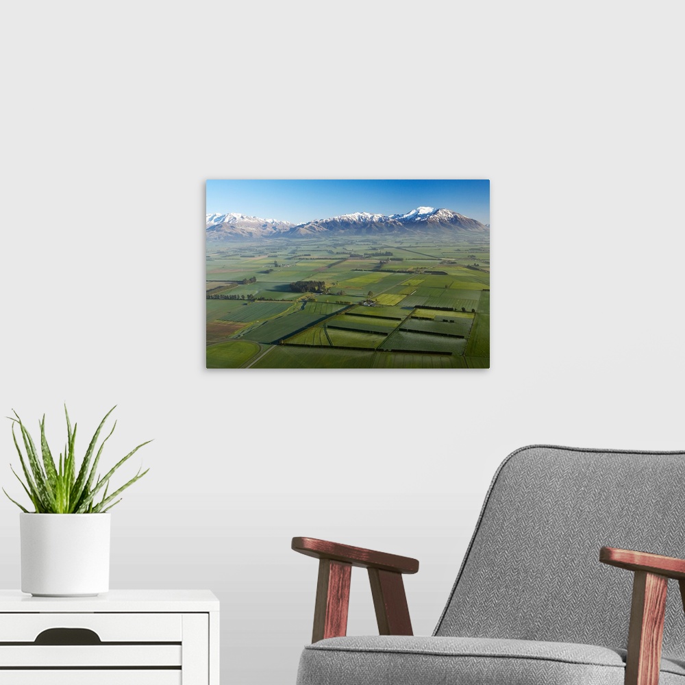 A modern room featuring Canterbury Plains and Southern Alps, near Methven, South Island, New Zealand - aerial