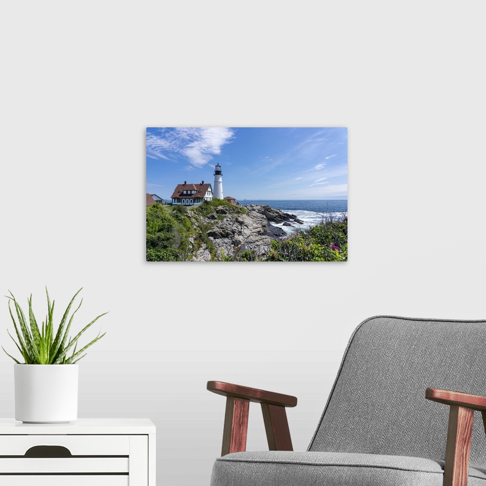 A modern room featuring Cape Elizabeth, Maine, USA. Portland Head Light is a historic lighthouse that sits on a head of l...