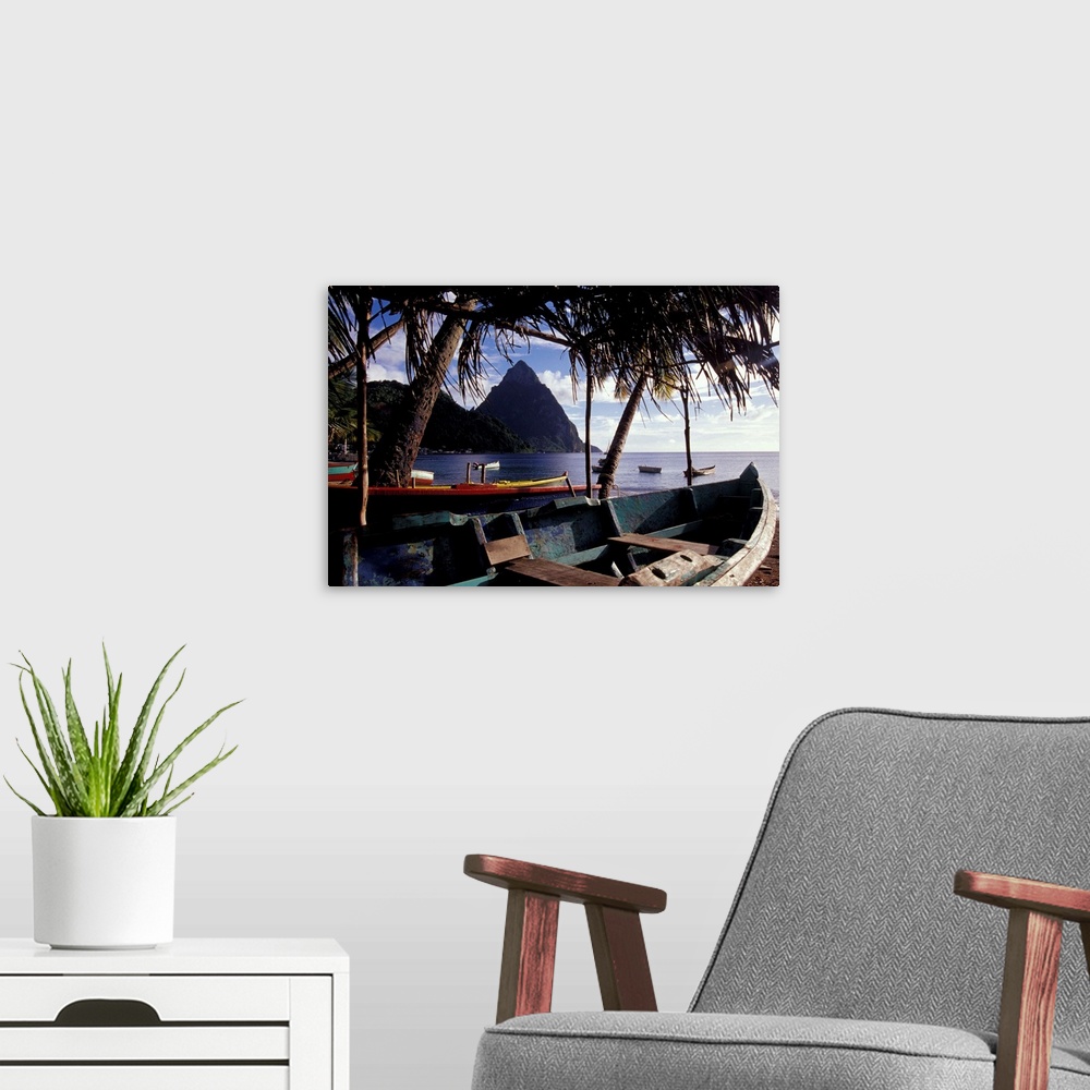 A modern room featuring Caribbean, BWI, St. Lucia, Fishing boats and Pitons, Soufriere.