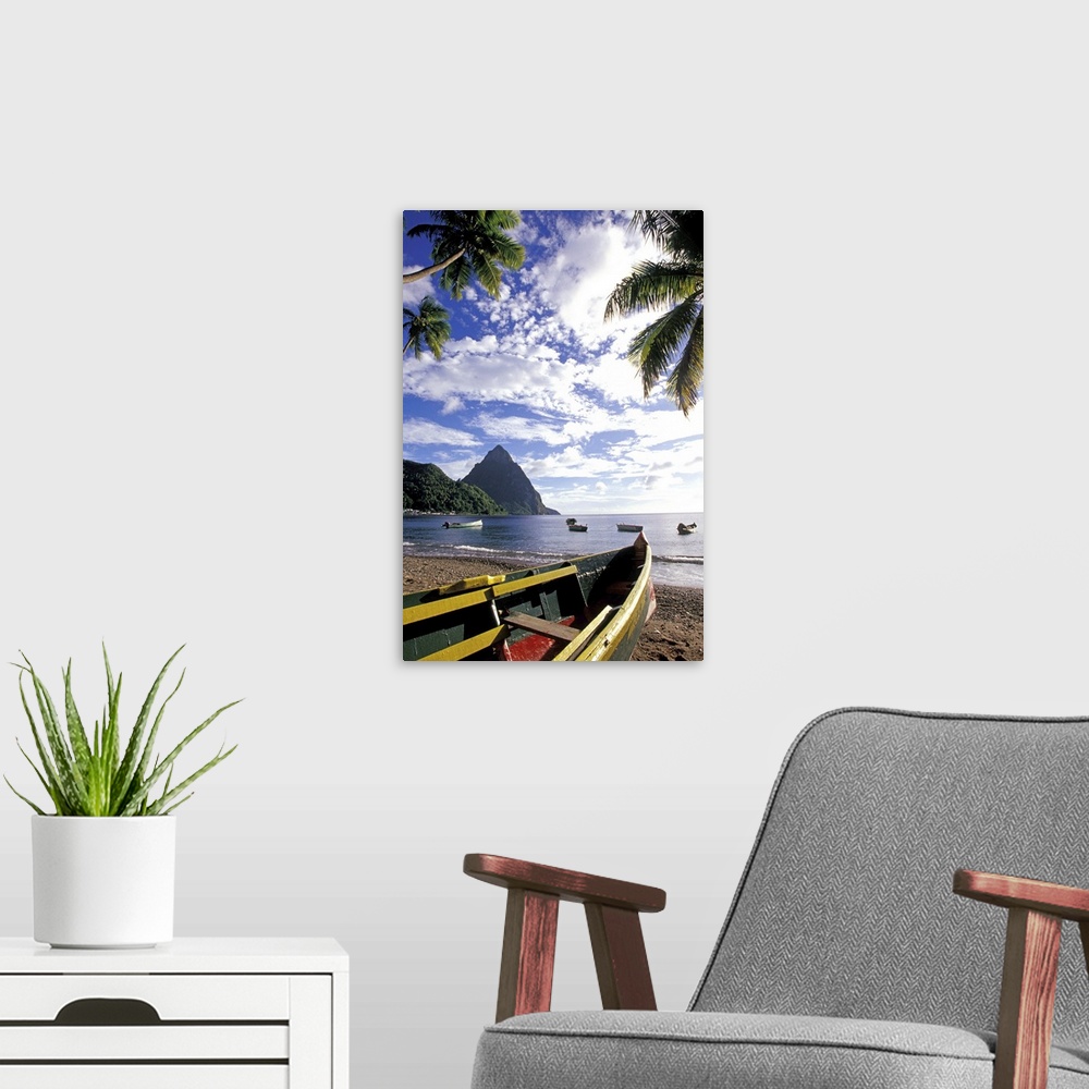 A modern room featuring Caribbean, BWI, St. Lucia, Fishing boats and Pitons, Soufriere.