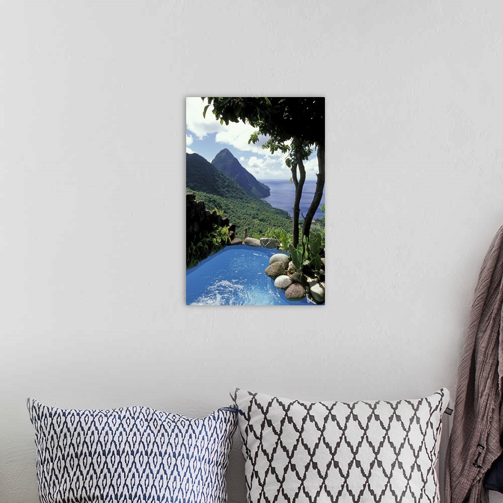 A bohemian room featuring Caribbean, BWI, St. Lucia, View of the Pitons from Ladera Resort.