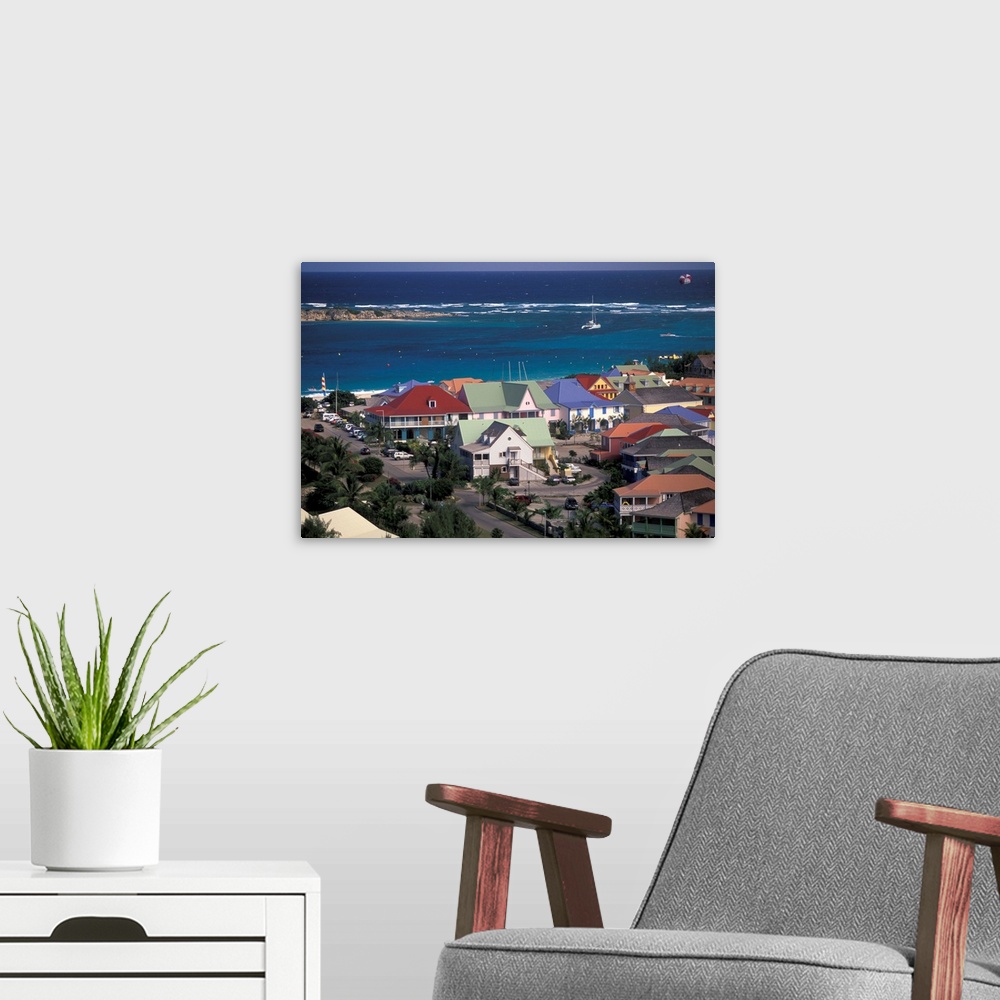 A modern room featuring Caribbean, French West Indies, St. Martin.Orient Beach; Orient Bay Village; aerial view