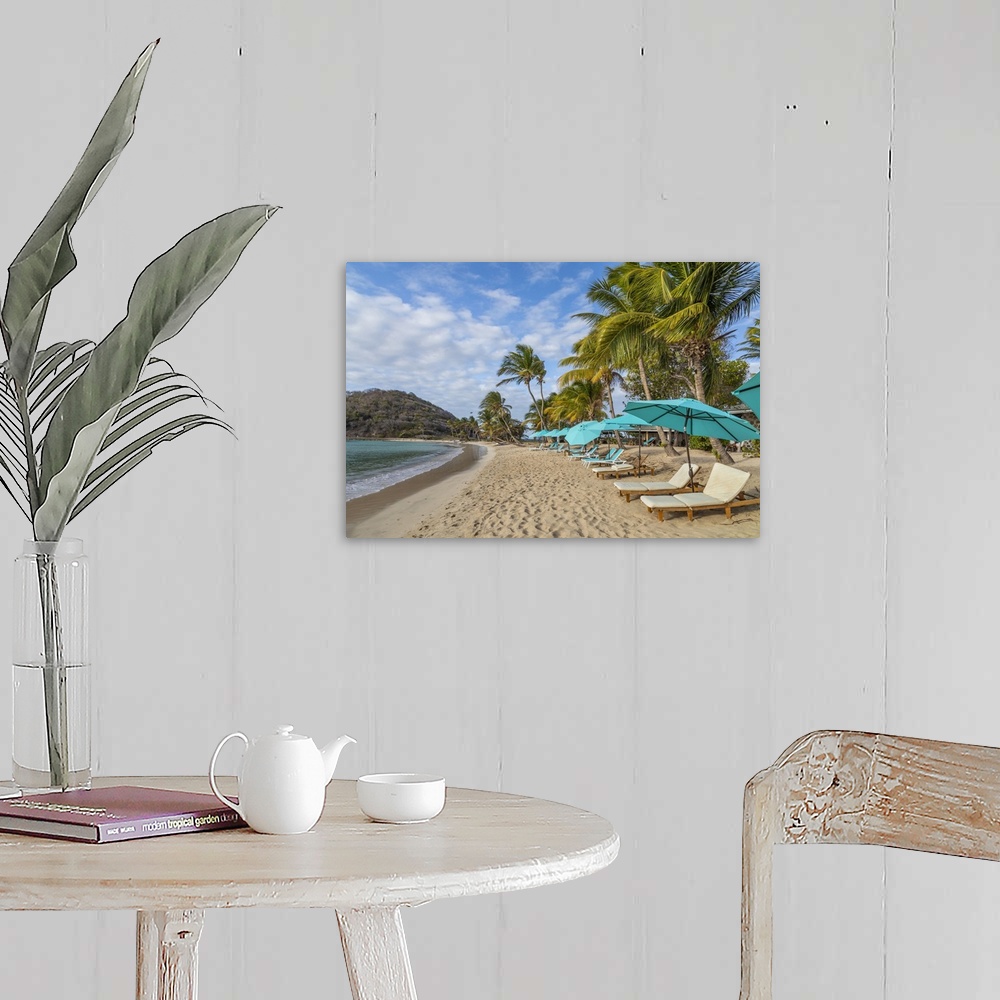 A farmhouse room featuring Caribbean, Grenada, Mayreau Island, Beach Umbrellas And Lounge Chairs