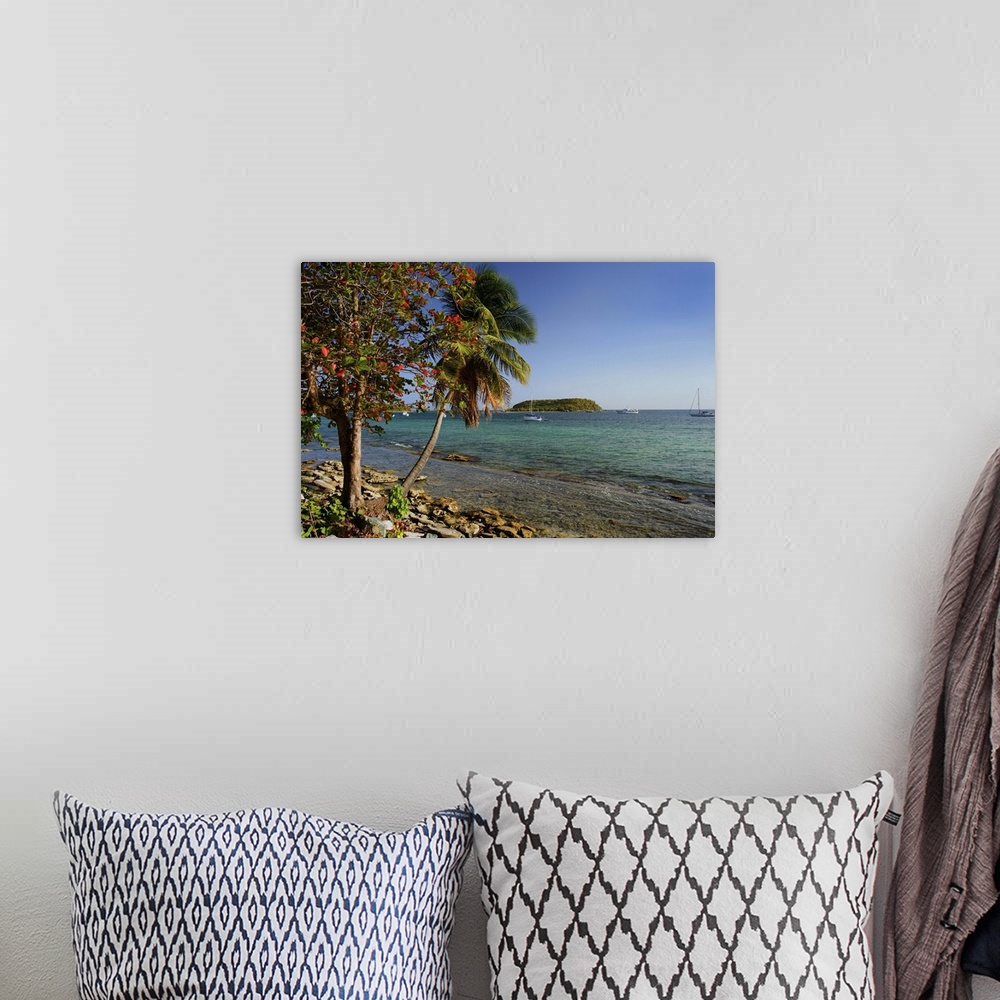 A bohemian room featuring Caribbean, Puerto Rico, Esperanza. View of Vieques.Island and boats moored offshore. Credit as: D...