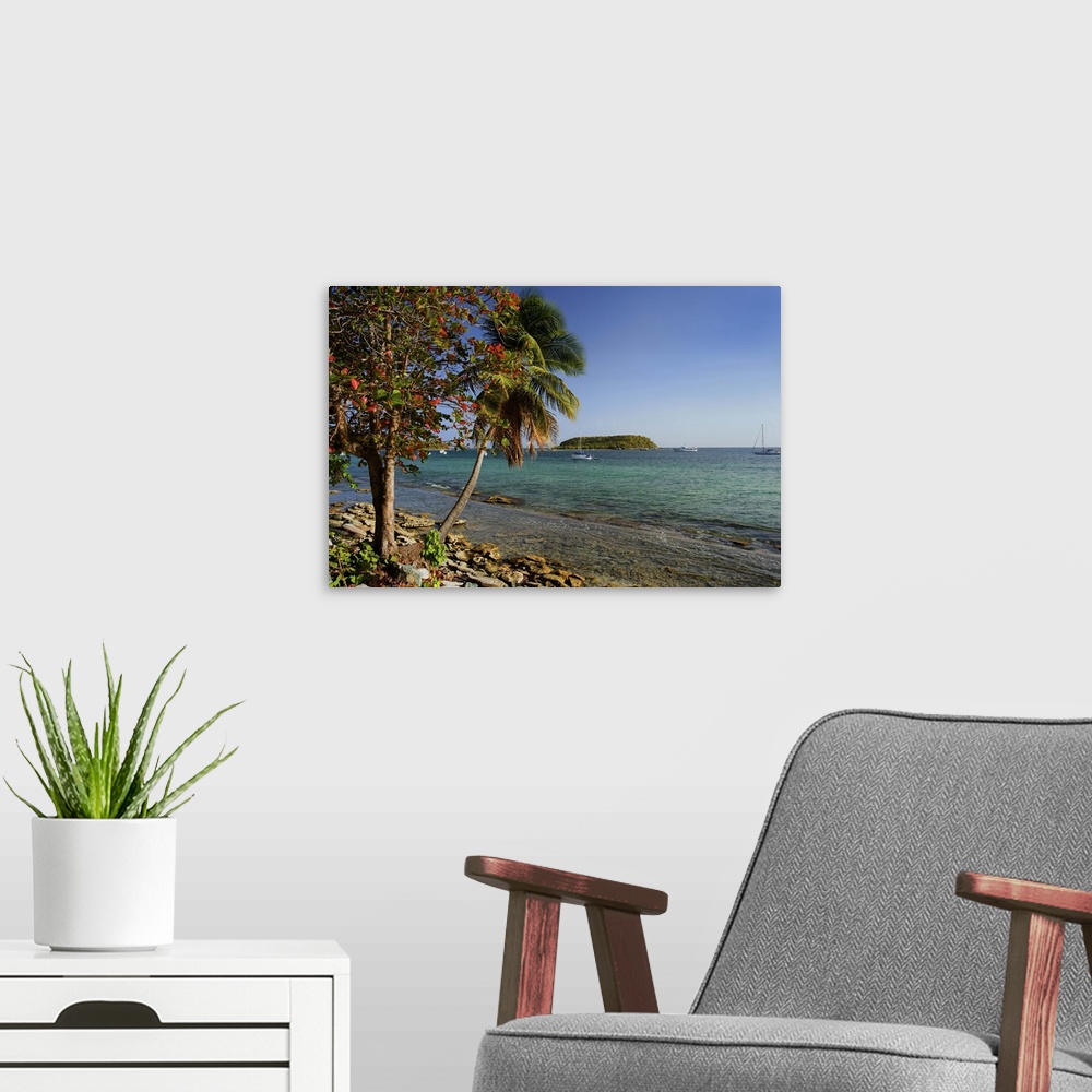 A modern room featuring Caribbean, Puerto Rico, Esperanza. View of Vieques.Island and boats moored offshore. Credit as: D...