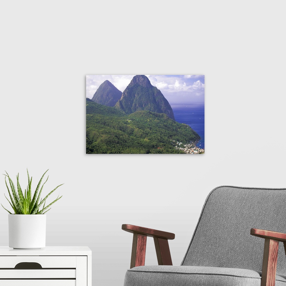 A modern room featuring Caribbean, St. Lucia, Soufriere. Morning view of the Pitons and Soufriere from the NE