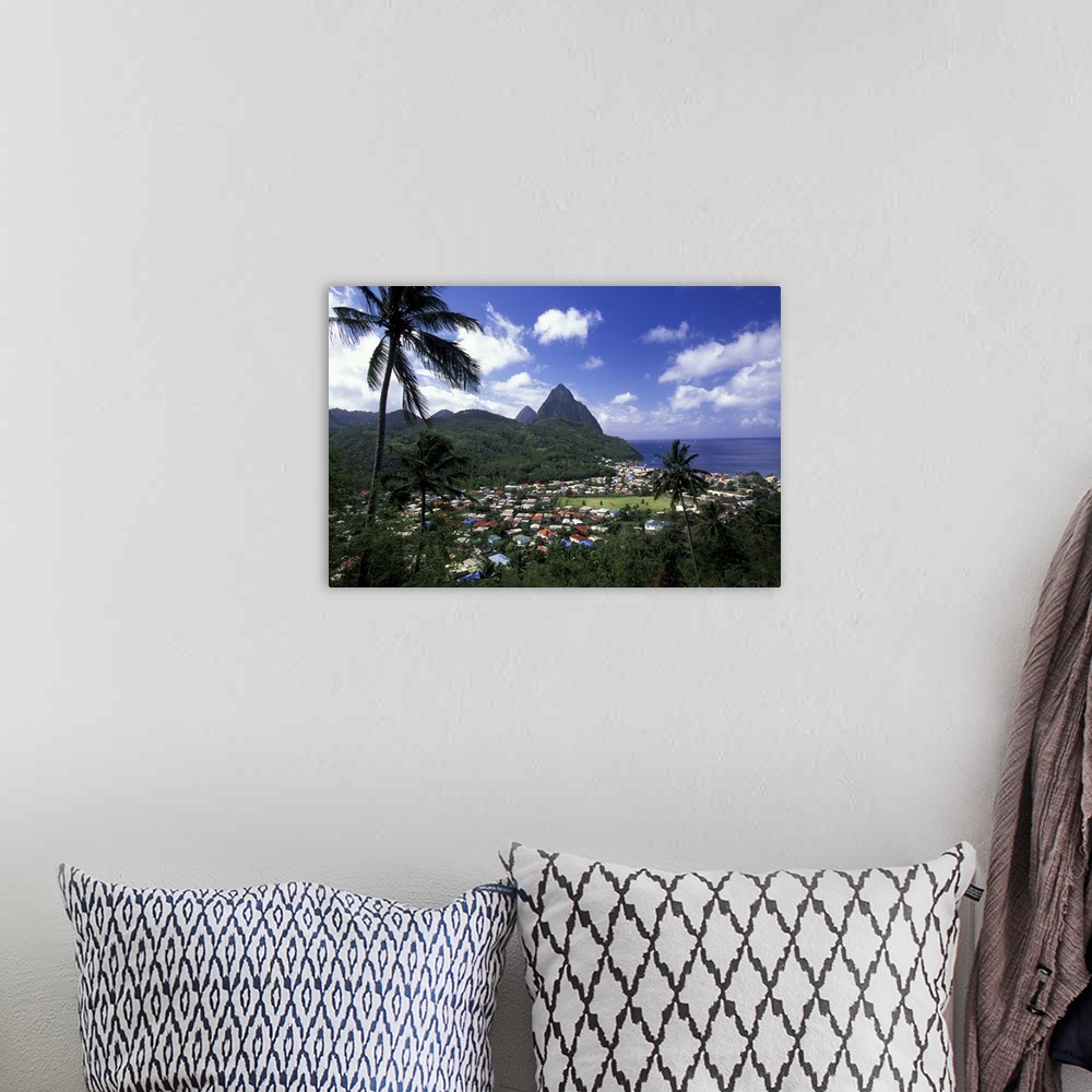 A bohemian room featuring Caribbean, St. Lucia, Soufriere. Morning view of the Pitons and Soufriere from the NE