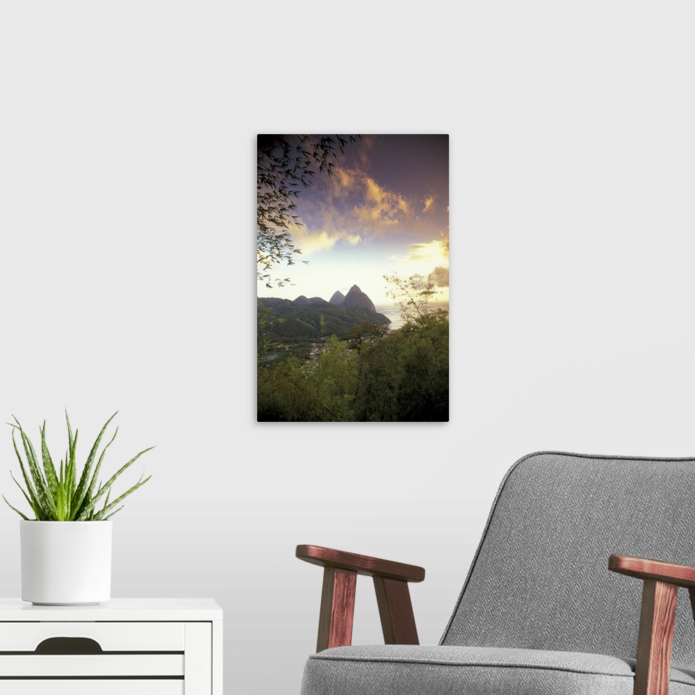 A modern room featuring Caribbean, St. Lucia, Soufriere. Sunset view of the Pitons and Soufriere from the NE