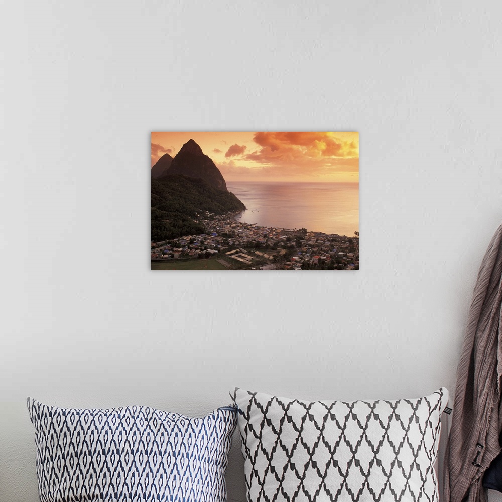 A bohemian room featuring Caribbean, St. Lucia, Soufriere. Sunset view of the Pitons and Soufriere from the NE