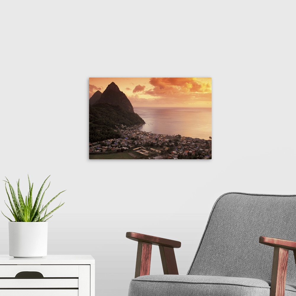 A modern room featuring Caribbean, St. Lucia, Soufriere. Sunset view of the Pitons and Soufriere from the NE