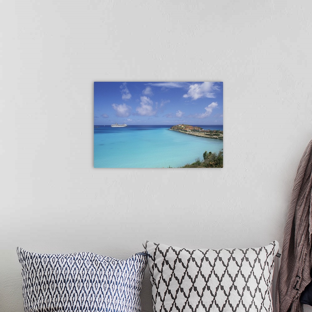 A bohemian room featuring Caribbean, St. Maarten, Phillipsburg, Great Bay Beach. Coastal view with cruise ship
