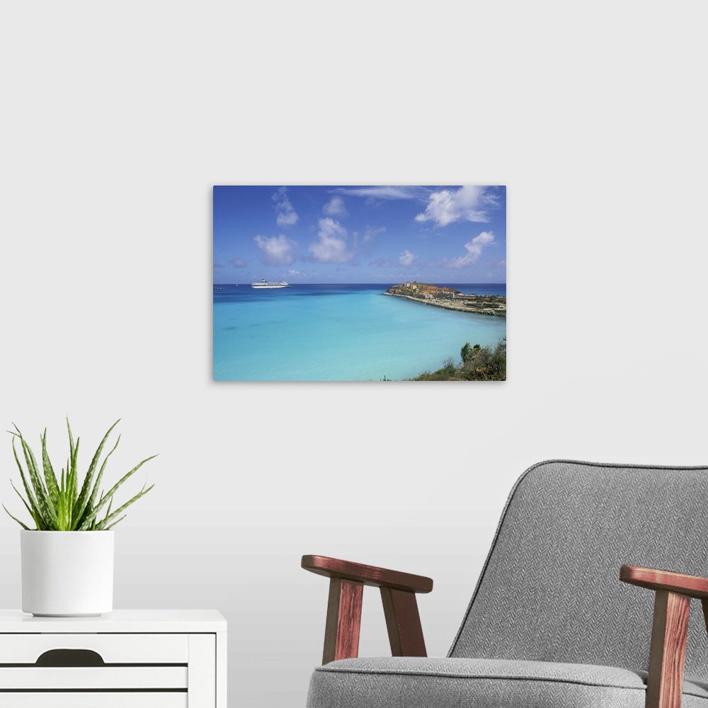 A modern room featuring Caribbean, St. Maarten, Phillipsburg, Great Bay Beach. Coastal view with cruise ship