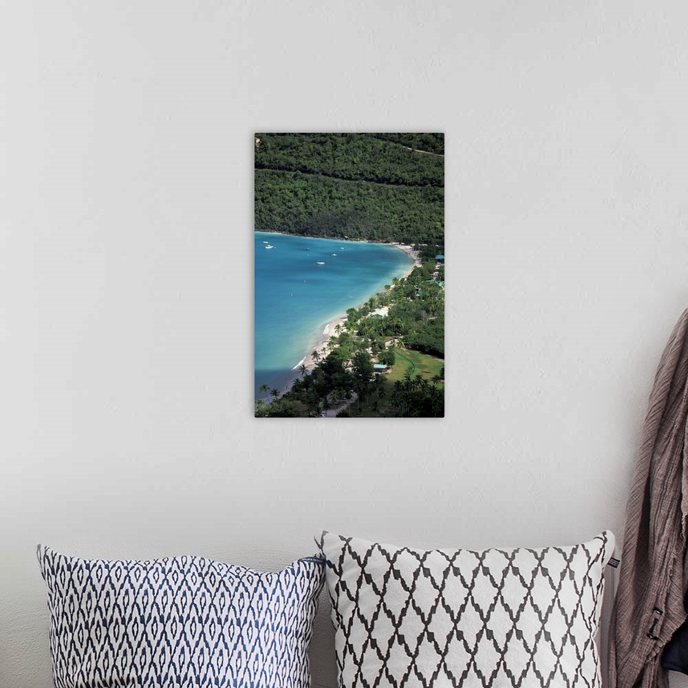 A bohemian room featuring Caribbean, US Virgin Islands, St. Thomas, Magens Bay. Aerial view of bay and beach