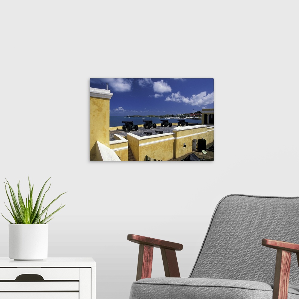 A modern room featuring Caribbean, US Virgin Islands, St. Croix, Christiansted. Fort Christiansvaern, interior walls
