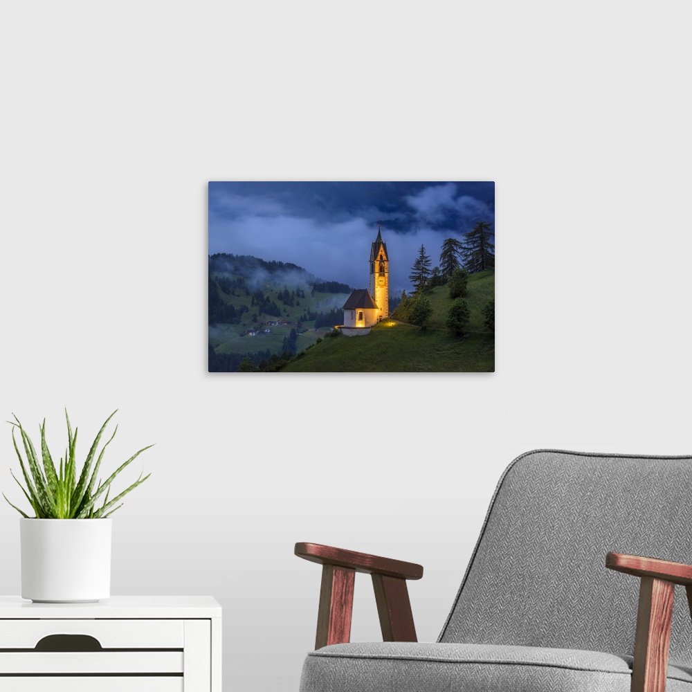 A modern room featuring Italy, Dolomites, Val di Funes. Chapel of St. Barbara at sunset. Credit: Jim Nilsen