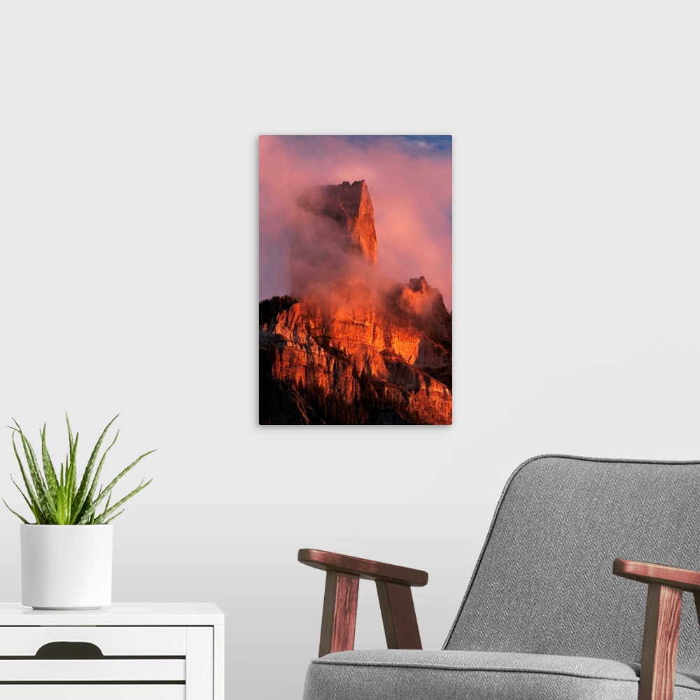 A modern room featuring Chimney Rock at sunset, from Owl Creek Pass, Cimarron range in autumn, San Juan Mountains, easter...