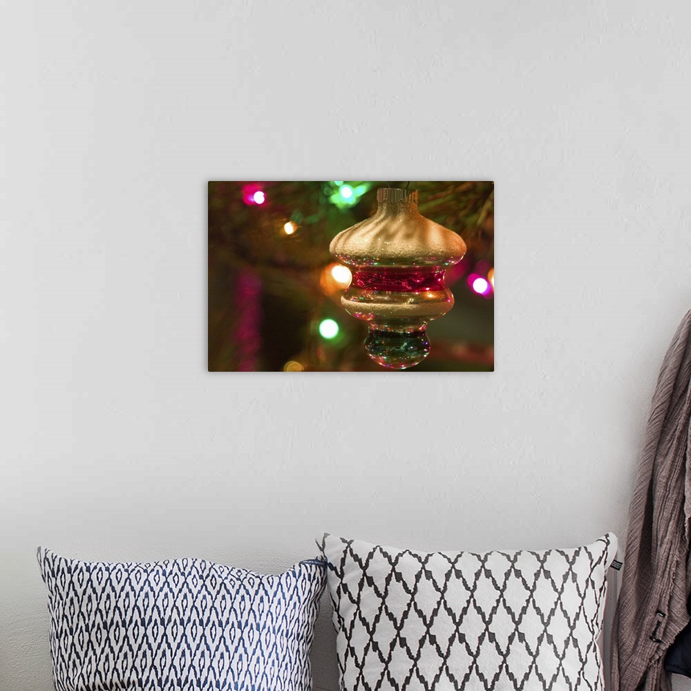 A bohemian room featuring Christmas tree ornaments