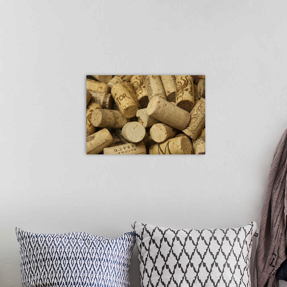 A bohemian room featuring Close-up of a pile of wine cork collection.
