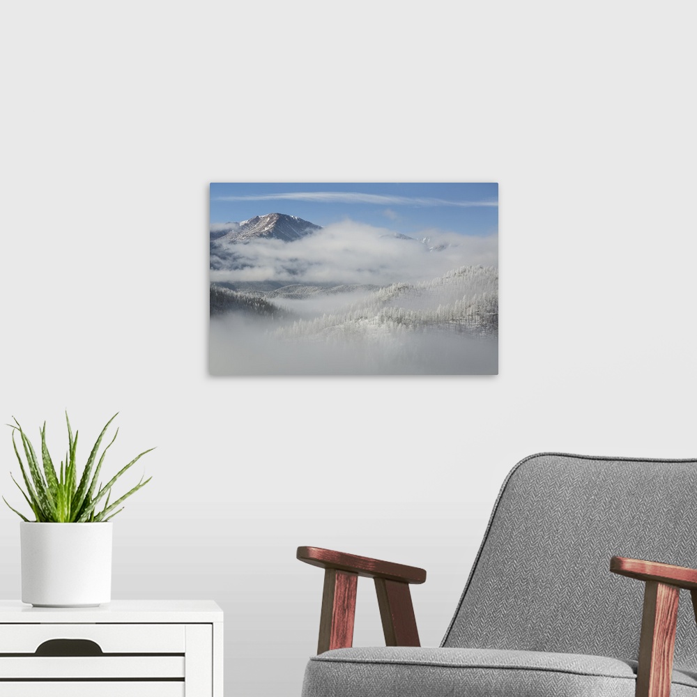 A modern room featuring USA, Colorado. Clouds fill the valleys below Pikes Peak (14,109ft - 4301m) on a frosty winter mor...