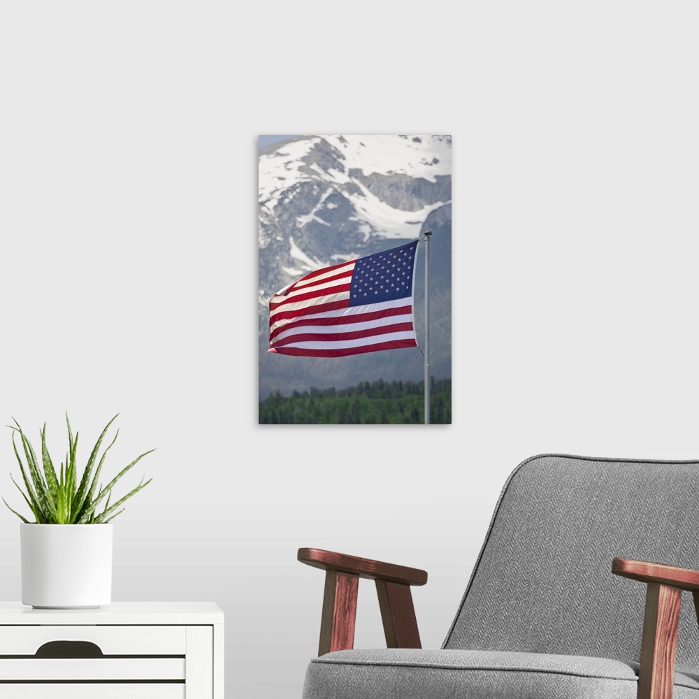 A modern room featuring USA, Colorado, Silverthorne. American flag flying against mountain backdrop.