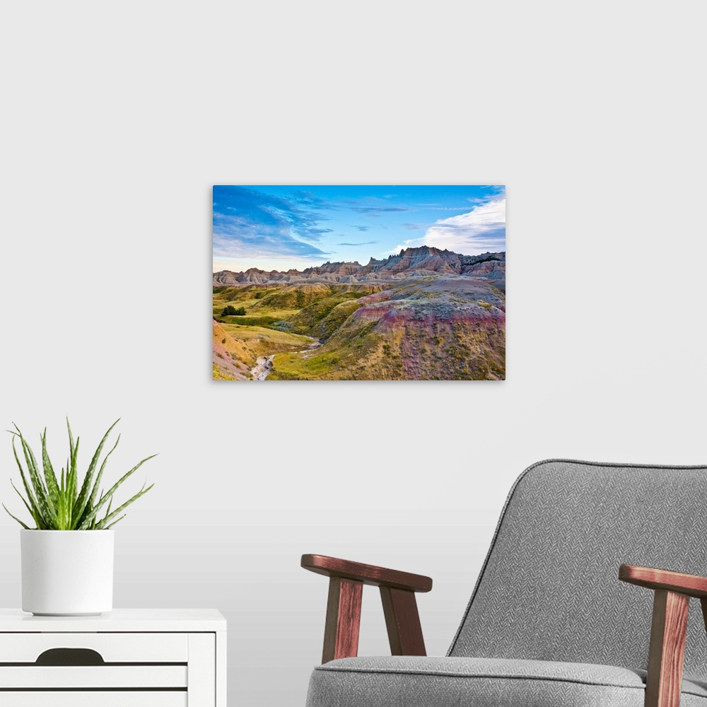 A modern room featuring colored hills and valleys, Badlands Loop Trail, Badlands National Park, South Dakota, USA