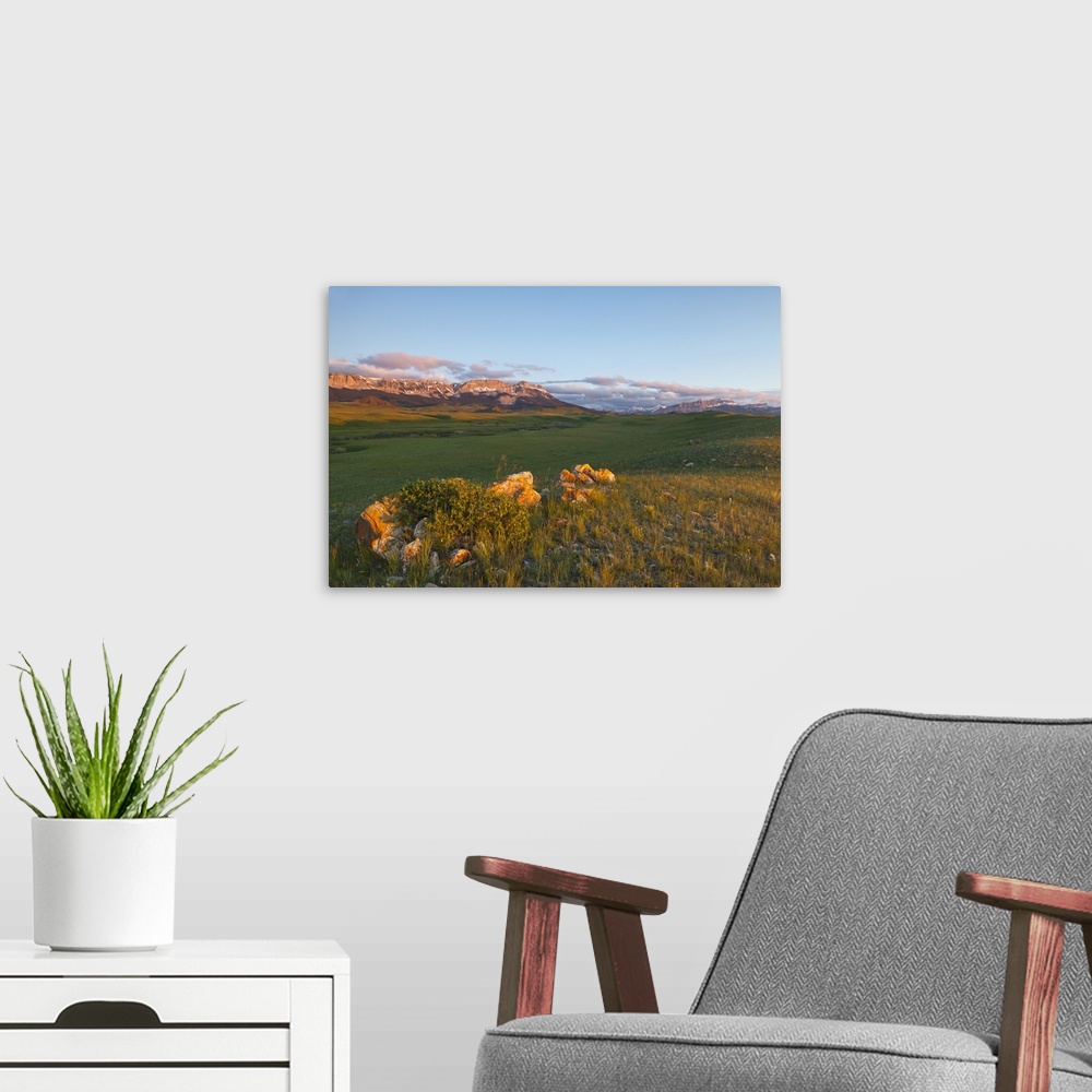 A modern room featuring Colorful glacier moraine with Sawtooth Ridge and Castle Reef at first light at Sun River WMA near...