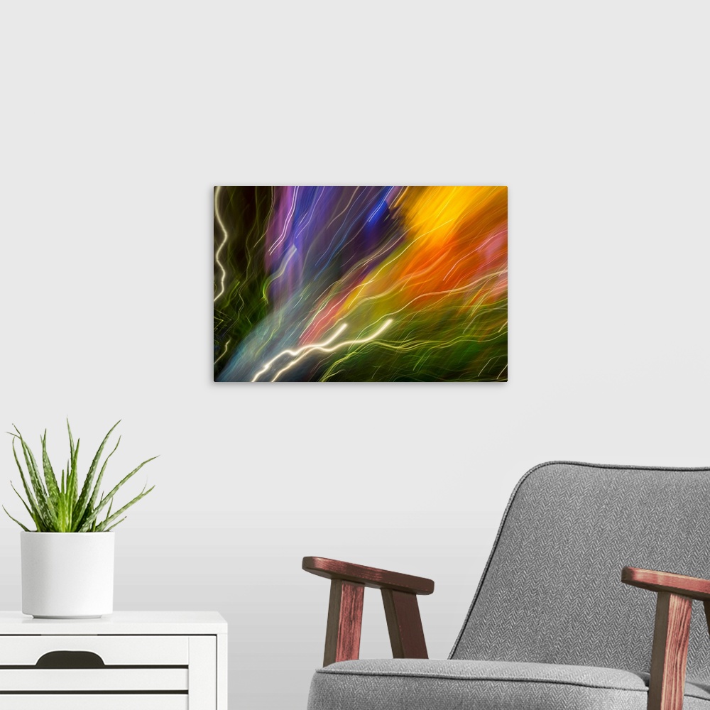 A modern room featuring Colorful glass with blurred motion effect.