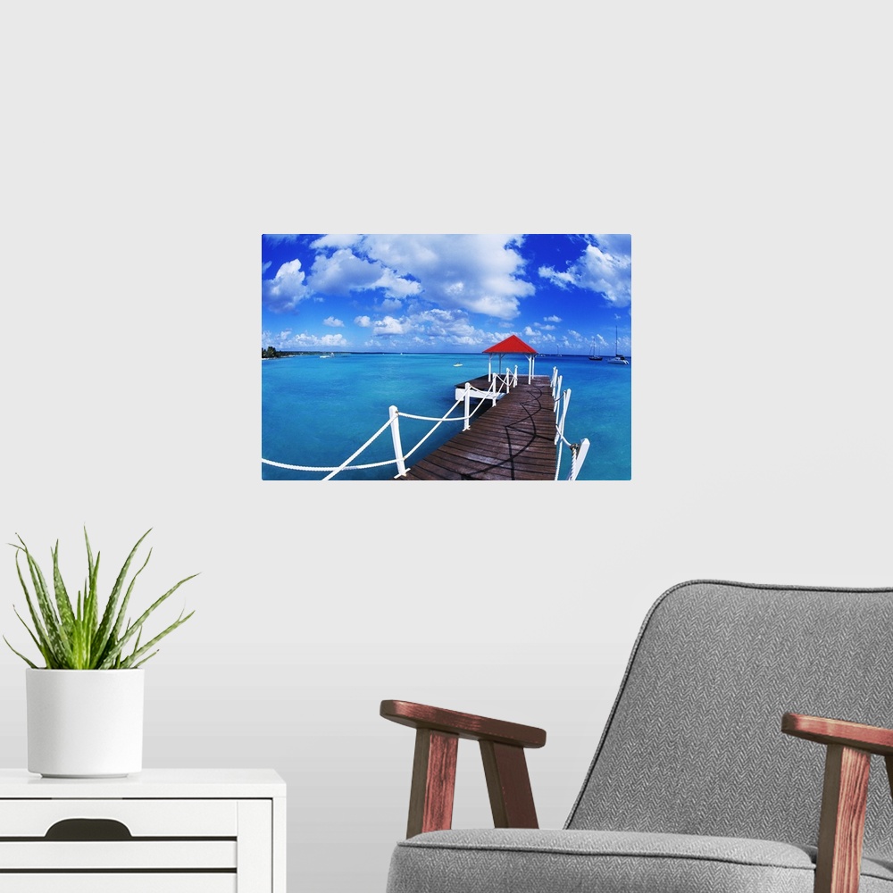 A modern room featuring Colorful graphic of dock in St. Francois, Guadeloupe.