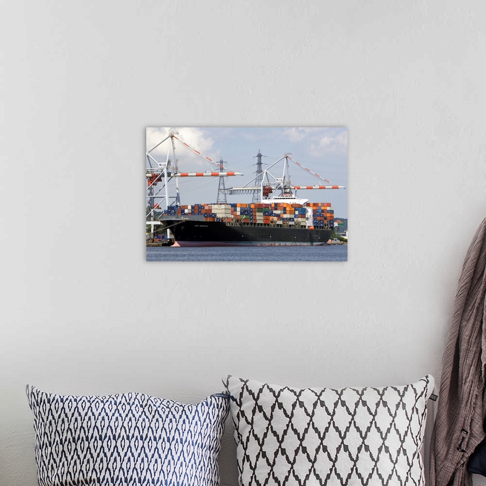 A bohemian room featuring Container ship docked at Le Havre in the department of Seine-Maritime, Normandy, France.