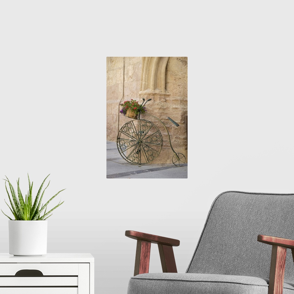 A modern room featuring Cordoba, Spain. Bicycle planter in front of old stone building.