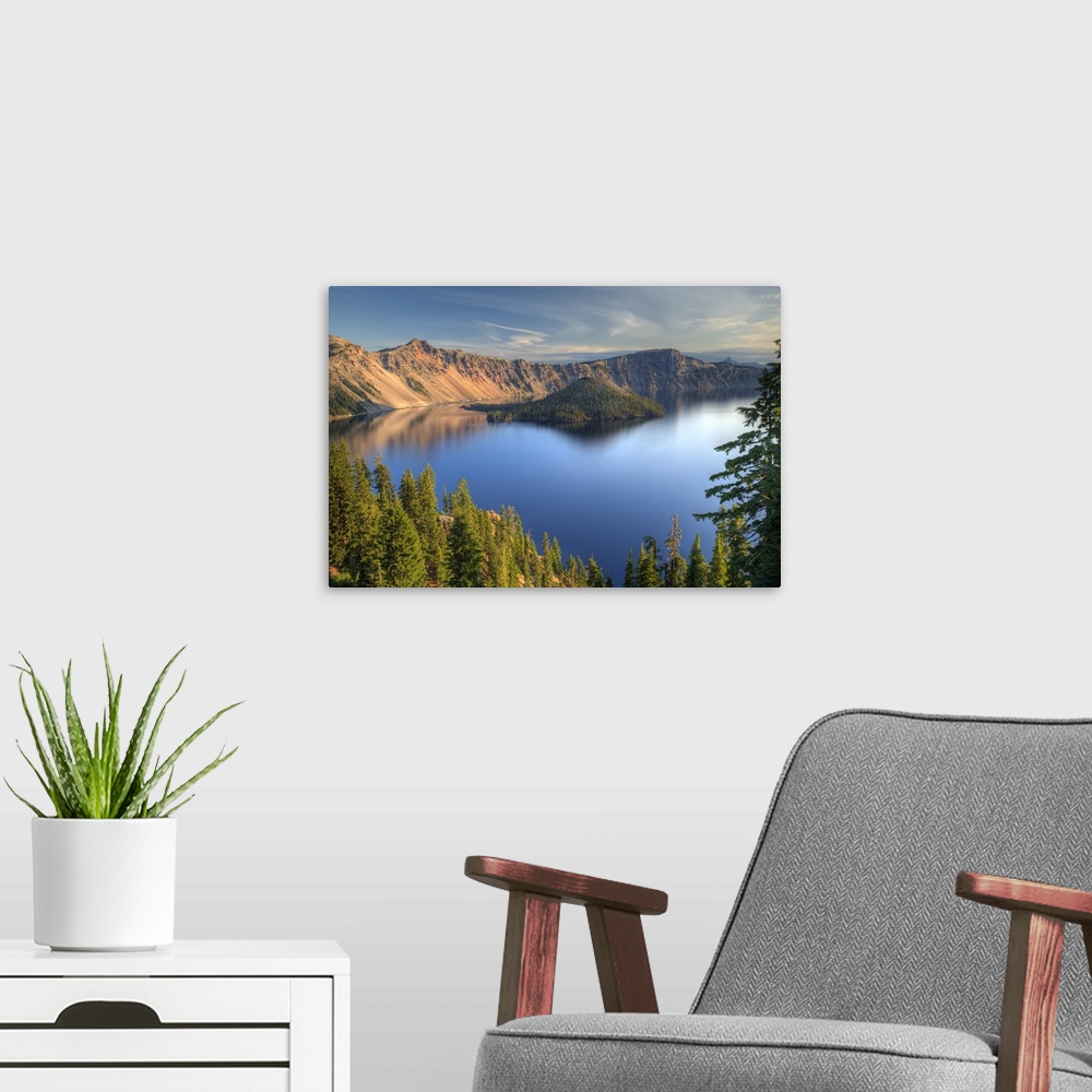A modern room featuring Crater Lake and Wizard Island, Crater Lake National Park, Oregon.