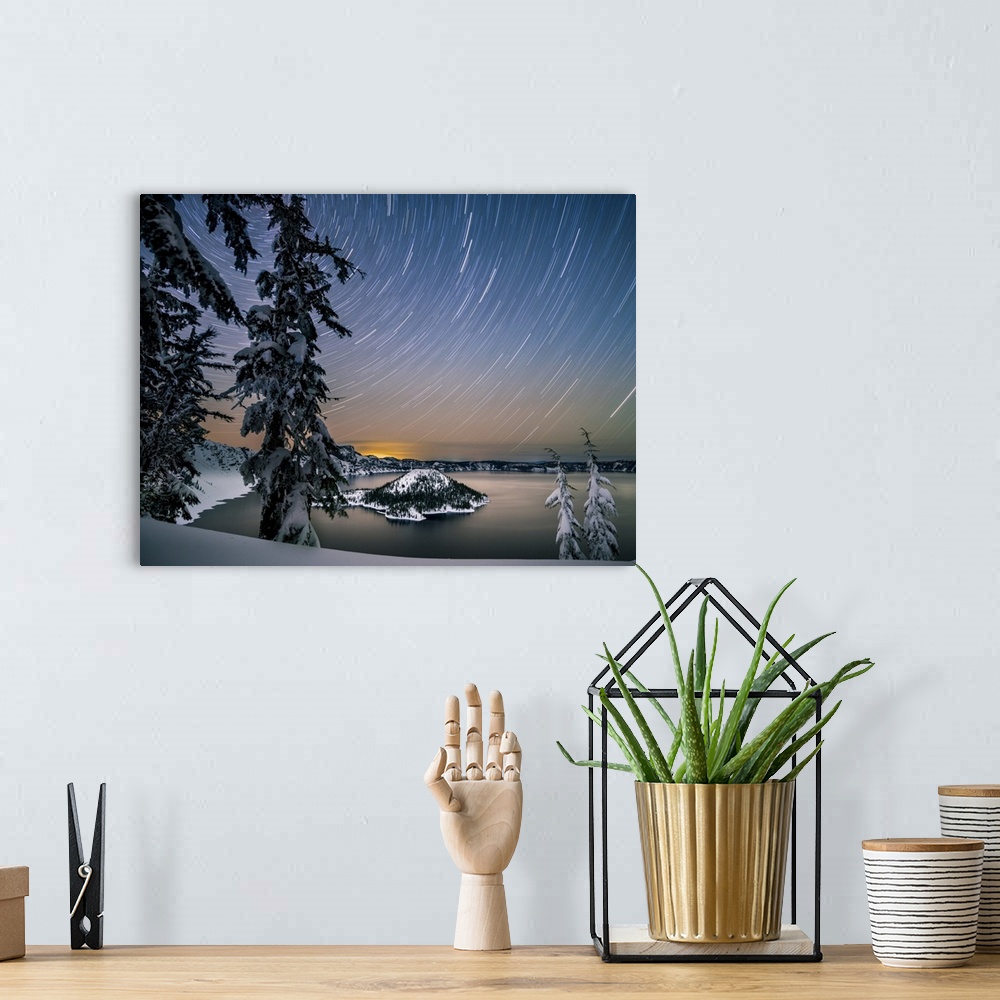 A bohemian room featuring USA, North America, Oregon. Crater Lake National Park, Star Trails Over Crater Lake And Wizard Is...
