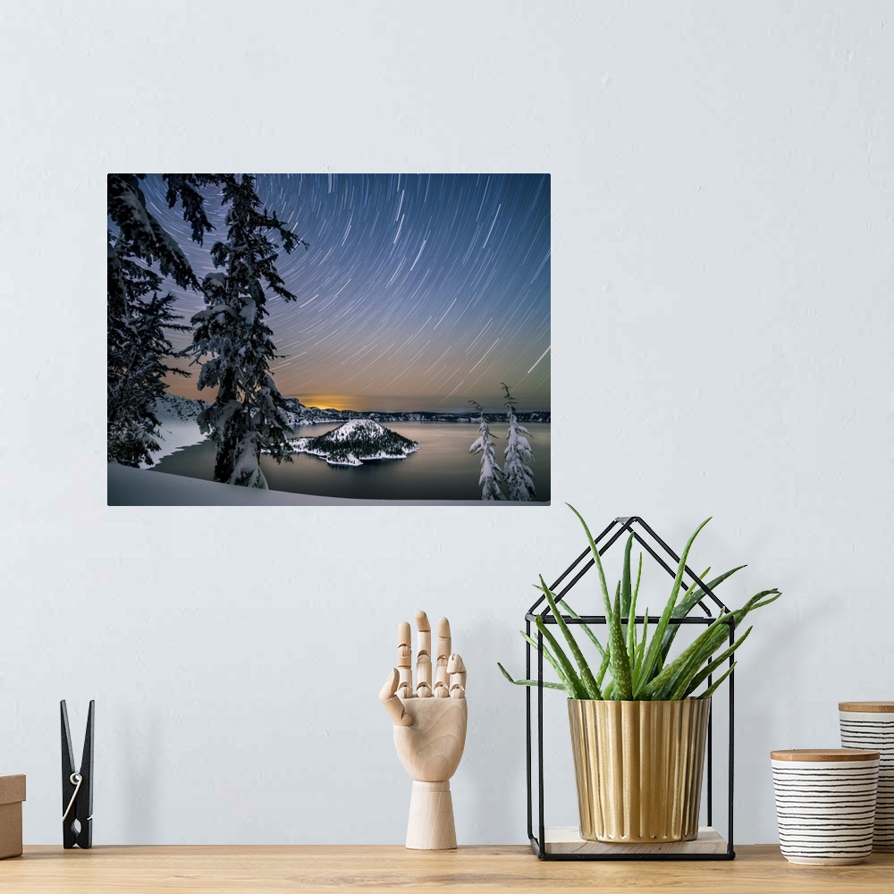 A bohemian room featuring USA, North America, Oregon. Crater Lake National Park, Star Trails Over Crater Lake And Wizard Is...