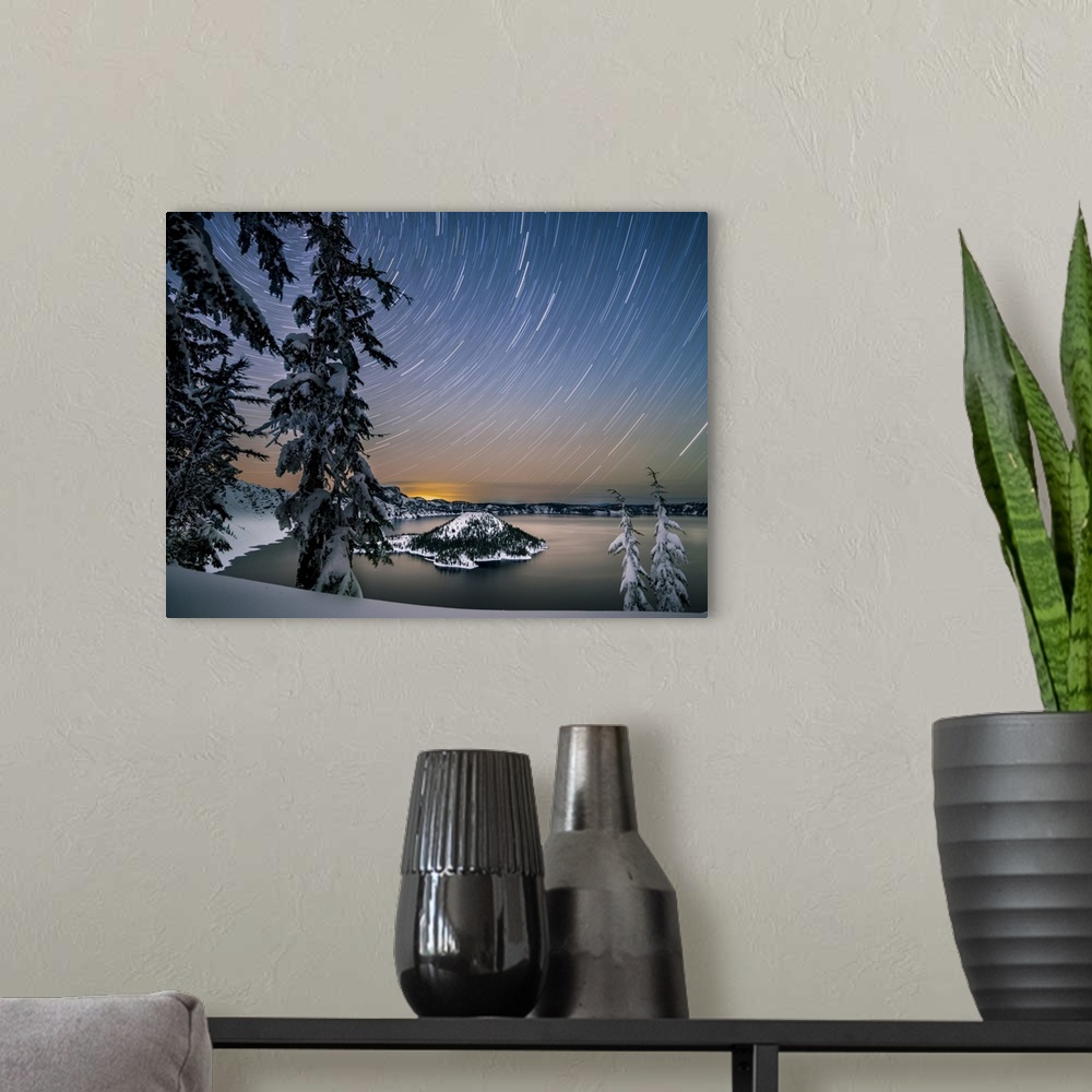 A modern room featuring USA, North America, Oregon. Crater Lake National Park, Star Trails Over Crater Lake And Wizard Is...