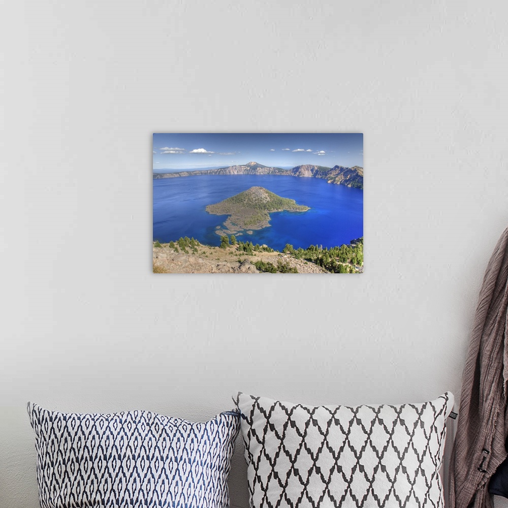 A bohemian room featuring Crater Lake National Park, Wizard Island and Crater Lake, view from The Watchman area, Oregon.
