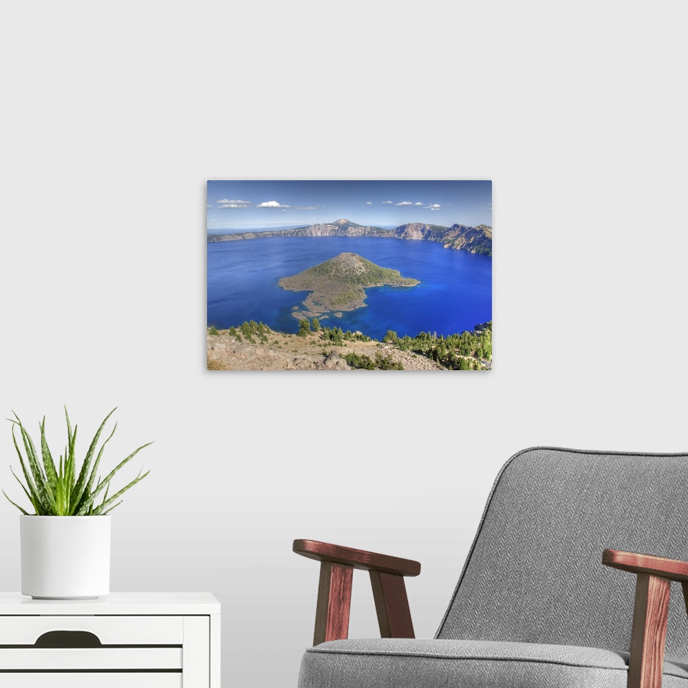 A modern room featuring Crater Lake National Park, Wizard Island and Crater Lake, view from The Watchman area, Oregon.