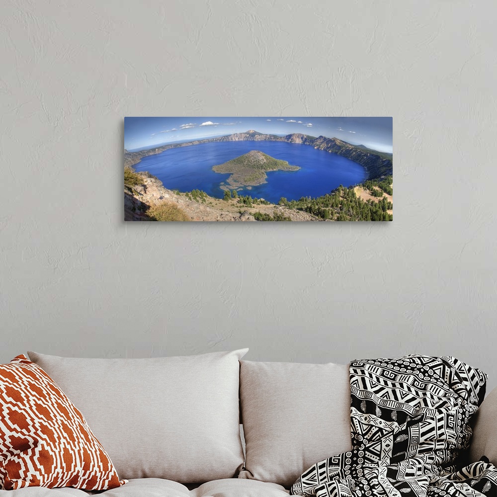 A bohemian room featuring Crater Lake National Park, Wizard Island and Crater Lake, panorama, view from The Watchman area, ...