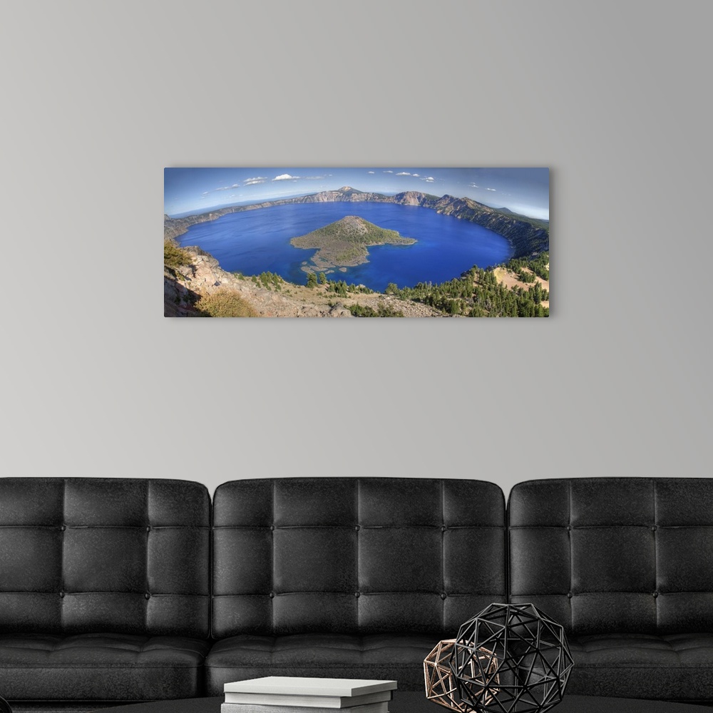A modern room featuring Crater Lake National Park, Wizard Island and Crater Lake, panorama, view from The Watchman area, ...