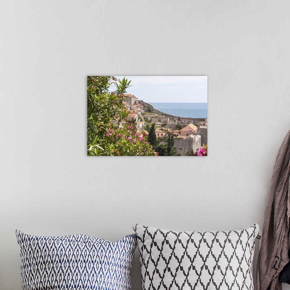 A bohemian room featuring Croatia, Dubrovnik, Walled City Old Town Viewed From Hill, Blooming Oleander Frames