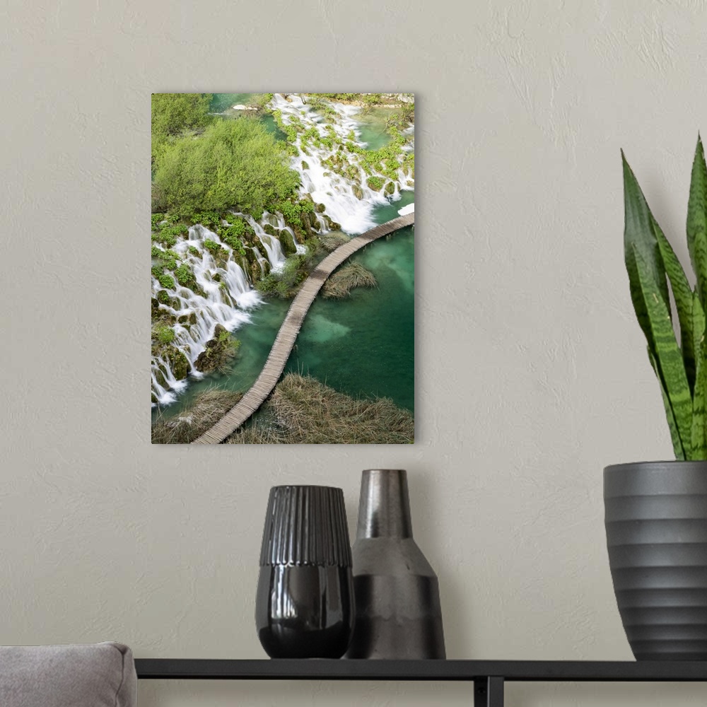 A modern room featuring Croatia, Plitvice Lakes National Park. Boardwalk along the Plitvice lakes national park as seen f...