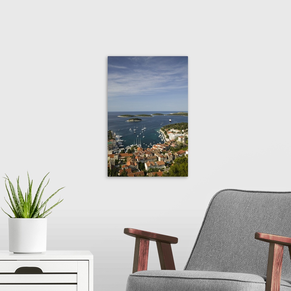 A modern room featuring CROATIA, Southern Dalmatia, Hvar Island, Hvar Town. Hvar Yacht Harbor from Fortress Spanjol