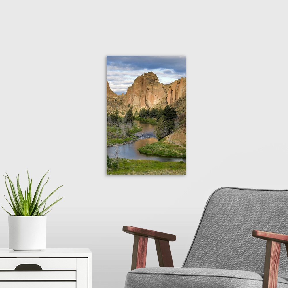 A modern room featuring USA, Oregon, Smith Rocks State Park. The subtle colors of the rock faces reflect in the Crooked R...