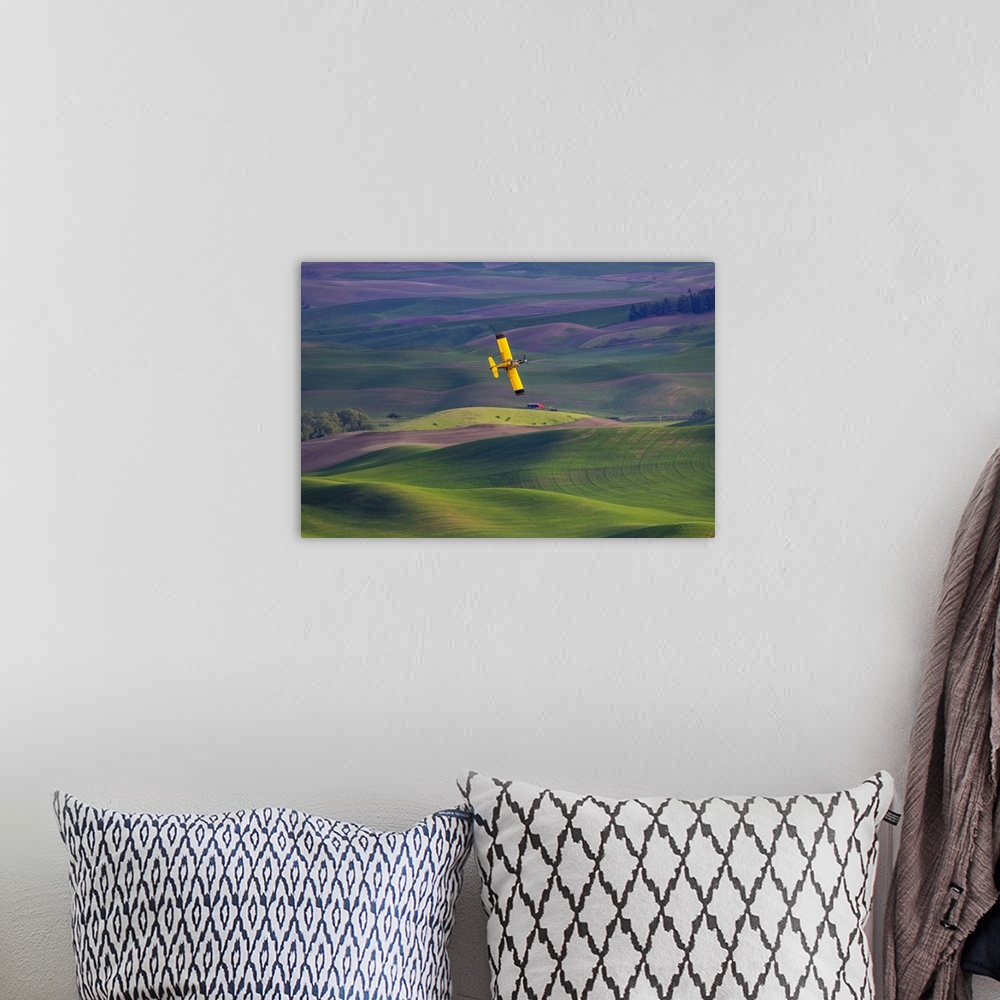A bohemian room featuring Crop duster applying chemicals on wheat fields from Steptoe Butte near Colfax, Washington State, ...